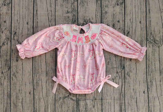 Smocked Boots Bows Baby Girls Pink Flowers Western Ruffle Rompers Preorder