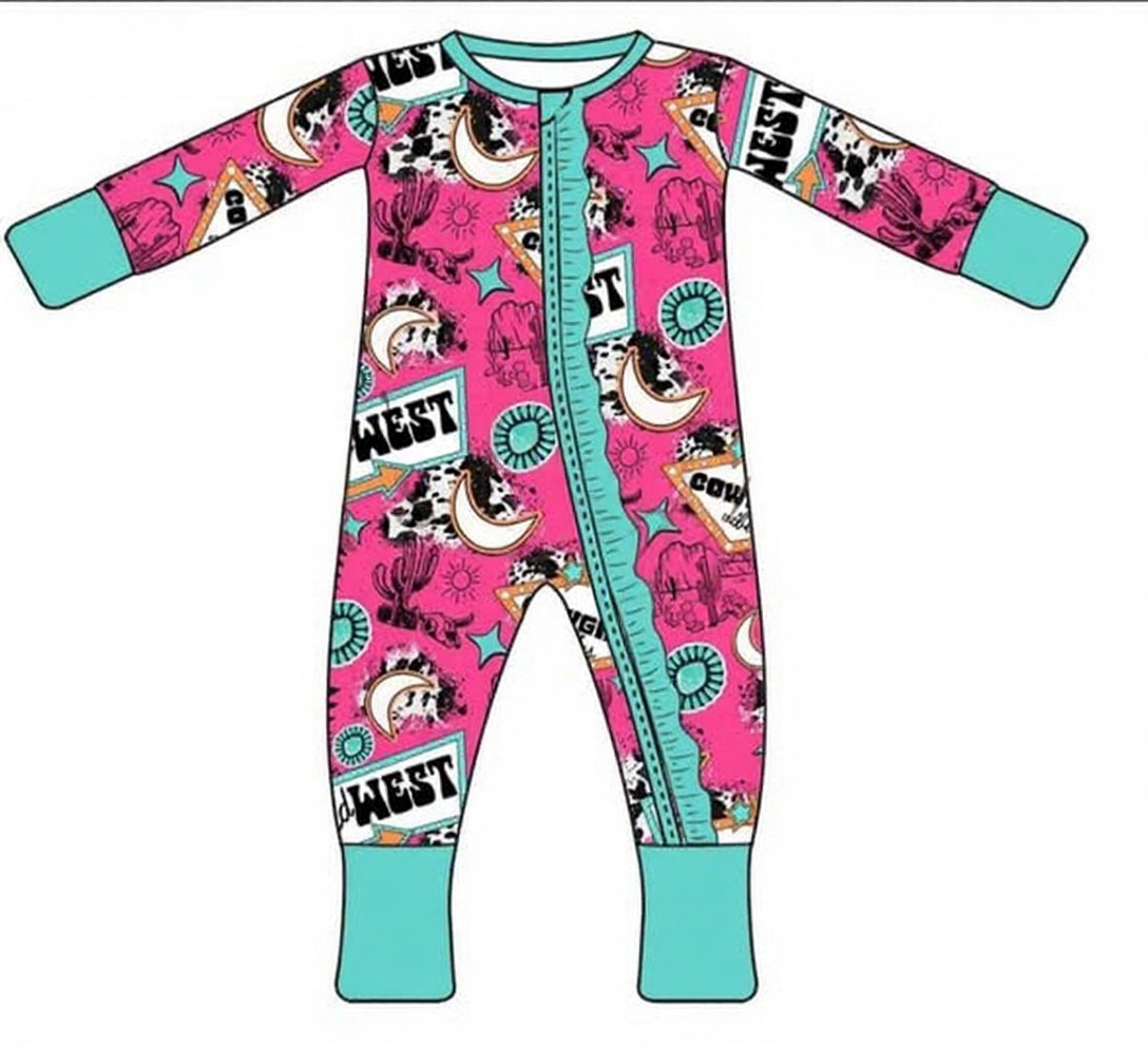Baby Girls Turquoises Cowgirls Western Two Way Ruffle Zip Convertible Rompers Preorder