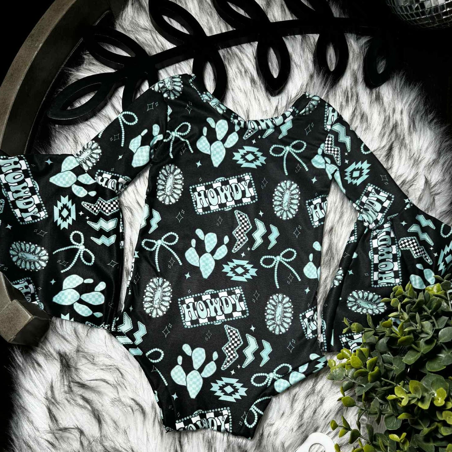 Baby Girls Bell Sleeve Aztec Turquoises Western Ruffle Rompers Preorder