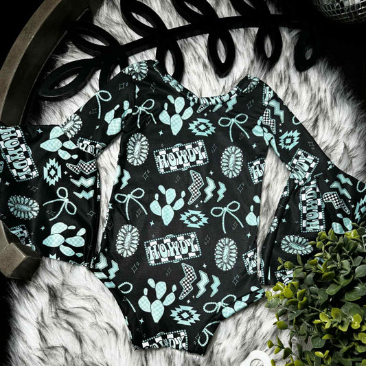 Baby Girls Bell Sleeve Aztec Turquoises Western Ruffle Rompers Preorder