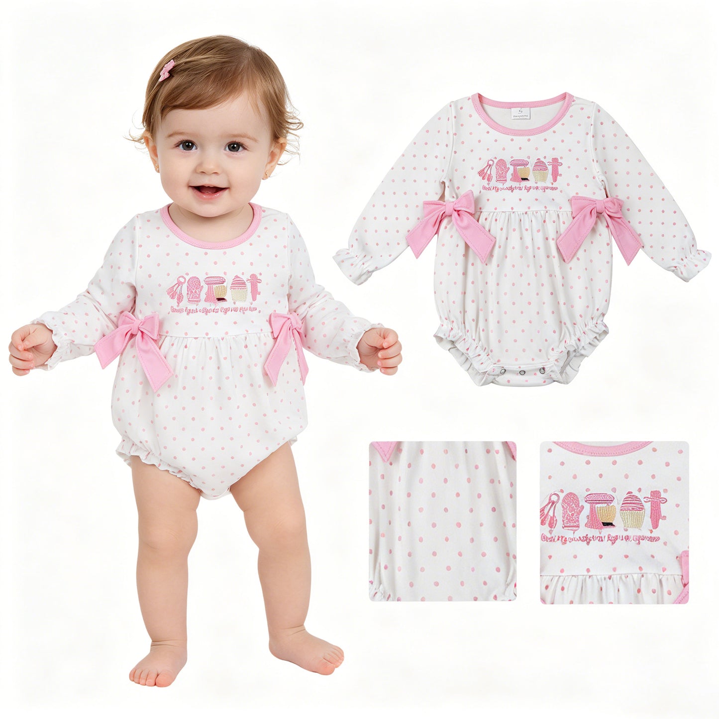 Embroidery Cakes Baby Girls Pink Polka Dots Birthday Ruffle Rompers