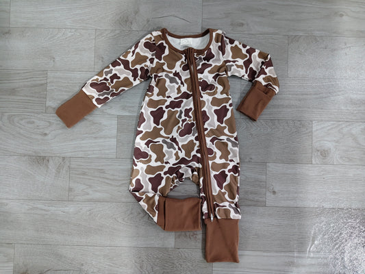 Baby Boys Khaki Camo Southern Two Way Zip Convertible Rompers Preorder