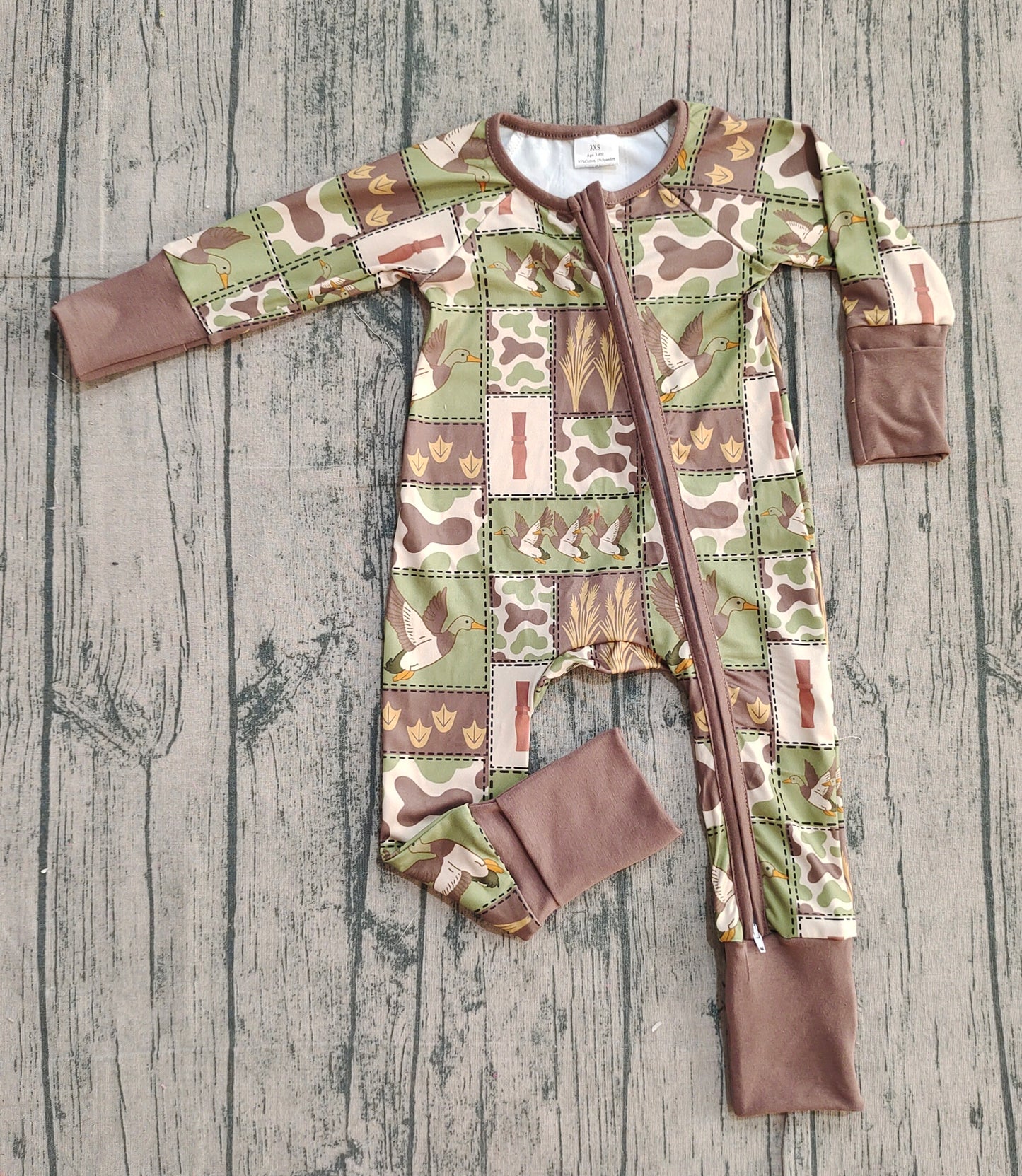 Baby Boys Camo Ducks Checked Hunting Two Way Zip Convertible Rompers