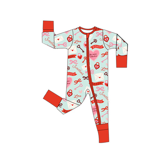 Baby Girls Heart Knee Letters Valentines Two Way Zip Convertible Rompers Preorder