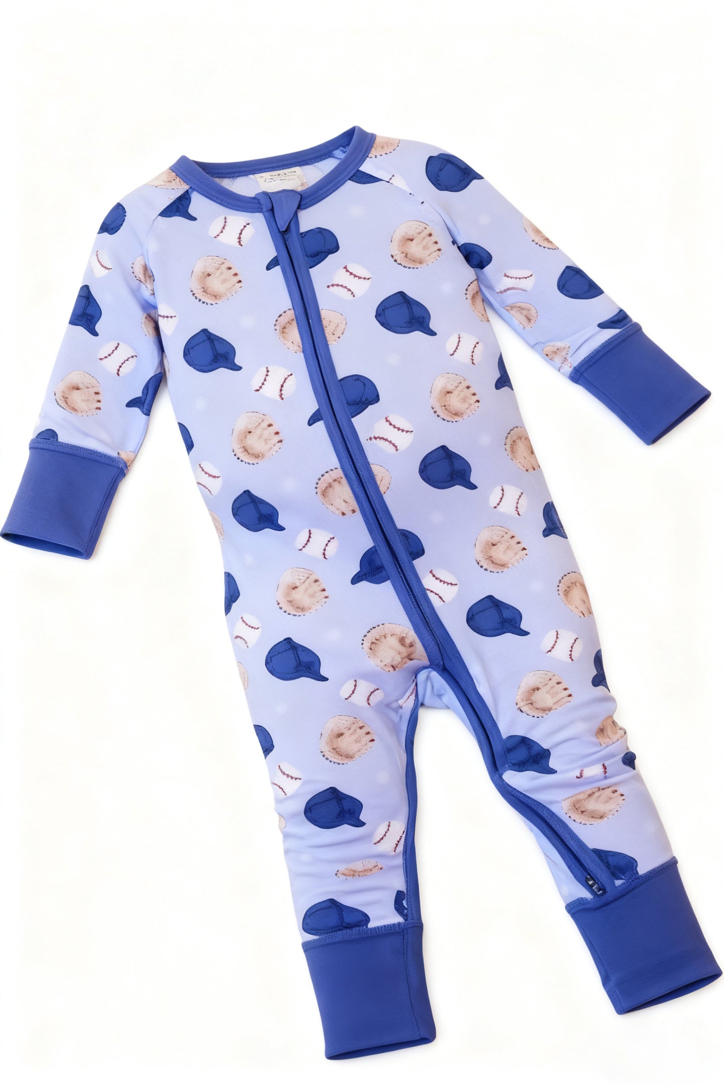 Baby Boys Blue Hats Baseballs Team Two Way Zip Convertible Rompers Preorder