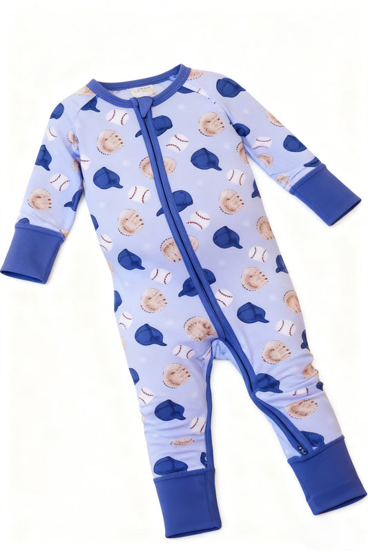 Baby Boys Blue Hats Baseballs Team Two Way Zip Convertible Rompers Preorder