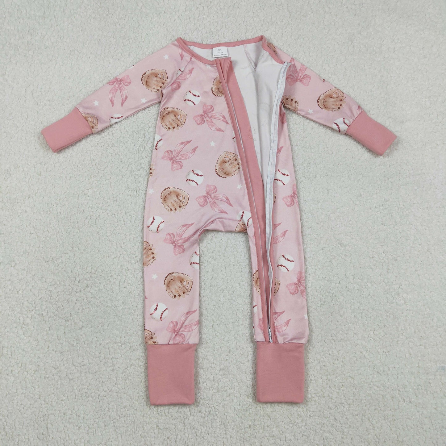 Baby Girls Pink Hats Baseballs Team Two Way Zip Convertible Rompers