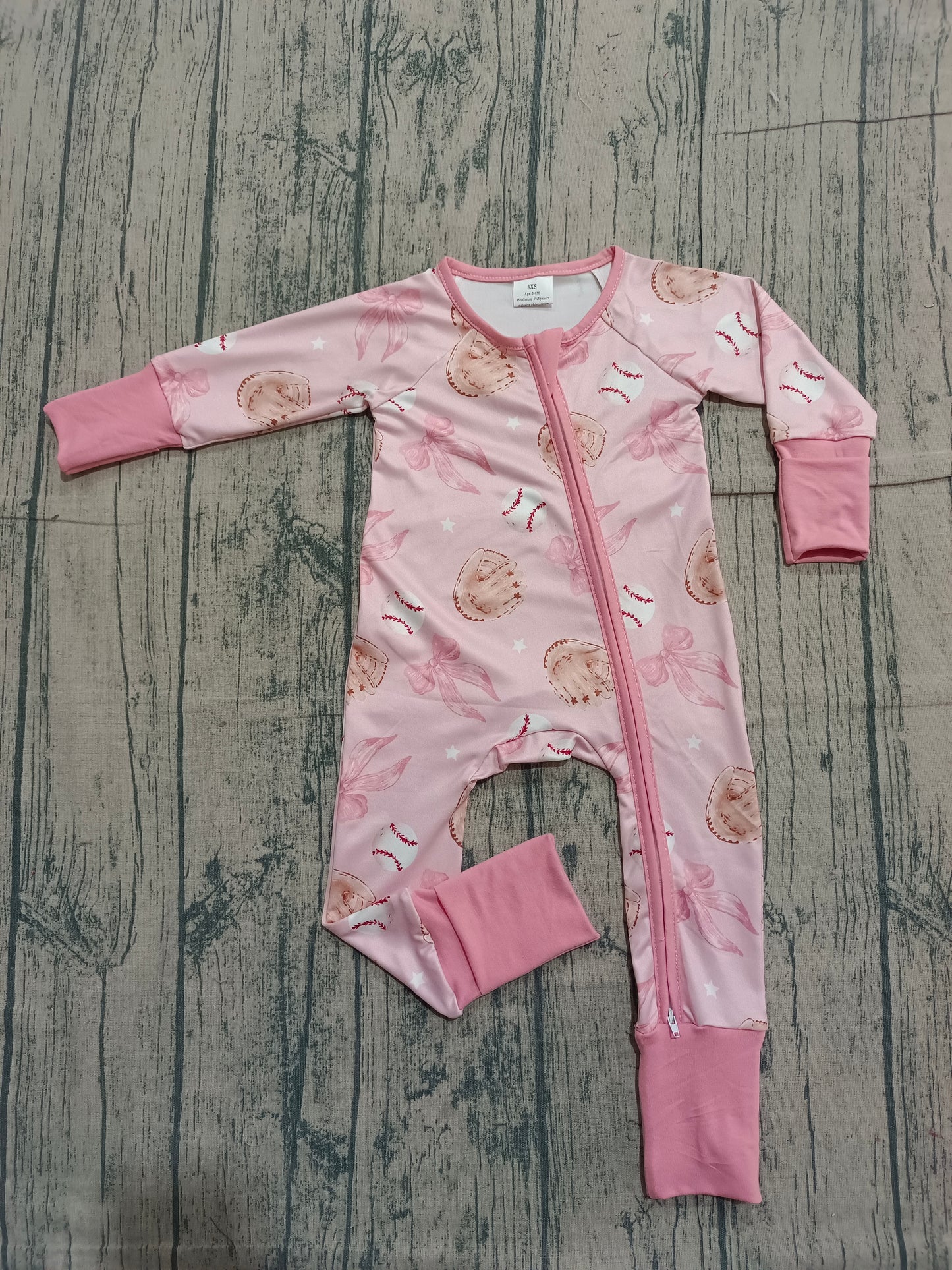 Baby Girls Pink Hats Baseballs Team Two Way Zip Convertible Rompers