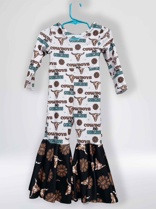 Baby Girls Bull Skulls Turquoises Western Bell Bottom Pant Jumpsuits Preorder