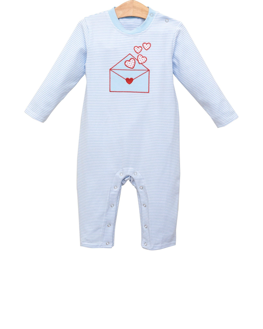 Baby Boys Long Sleeve Blue Stripe Hearts Letters Valentines Footie Rompers Preorder