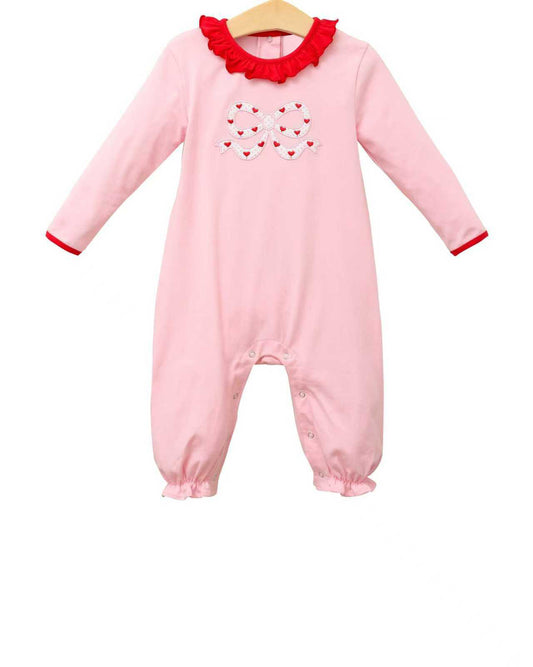 Baby Girls Long Sleeve Pink Heart Bows Valentines Collar Footie Rompers Preorder