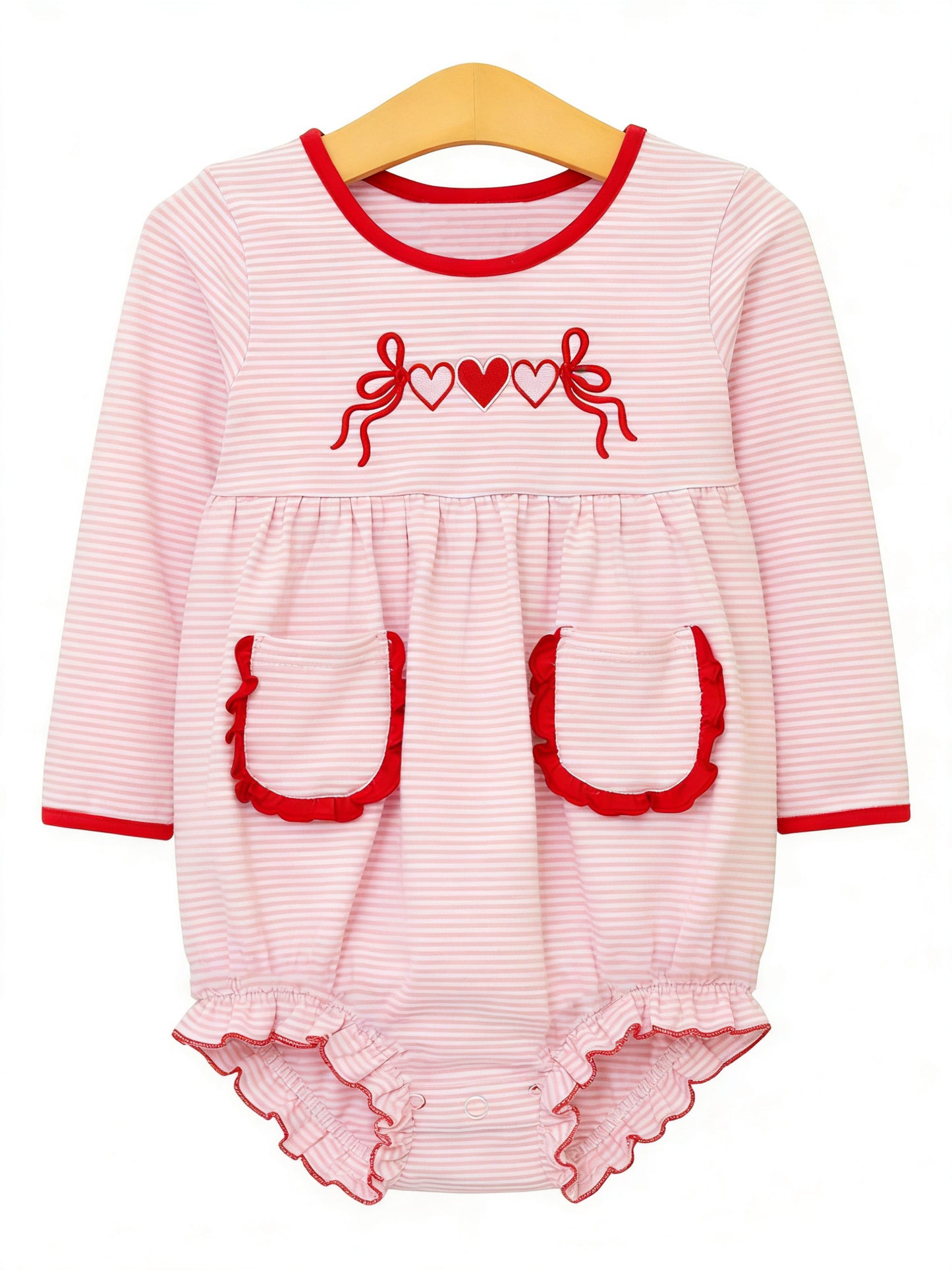 Baby Girls Pink Stripe Heart Bows Valentines Pockets Ruffle Rompers Preorder