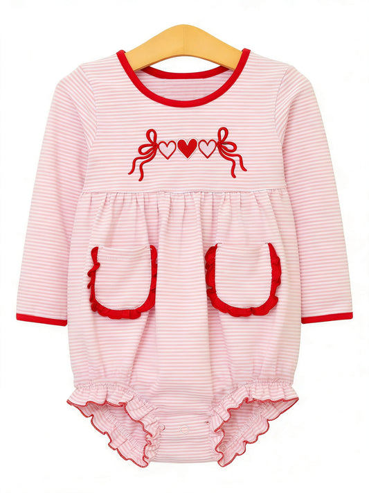 Baby Girls Pink Stripe Heart Bows Valentines Pockets Ruffle Rompers Preorder