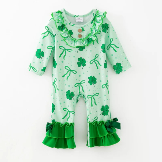 Baby Girls Green Bow Clovers Button Collar St Patrick Ruffle Footie Rompers Preorder