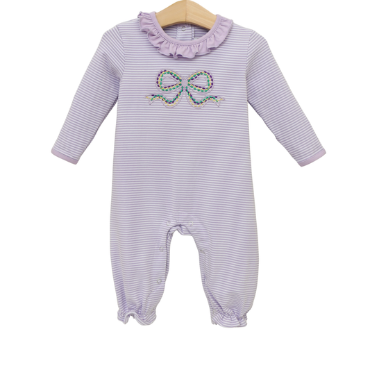 Baby Girls Mardigras Bows Stripe Collar Ruffle Footie Rompers Preorder