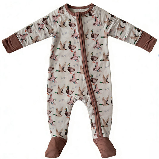 Baby Boys Ducks Hunting Two Way Zipper Convertible Footed Rompers Preorder