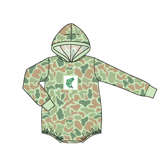 Baby Boys Long Sleeve Green Camo Fish Hunting Hoodie Rompers Preorder