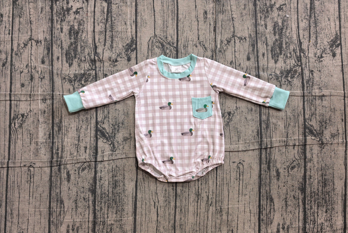 Embroidery Duck Pocket Baby Boys Long Sleeve Checked Hunting Rompers Preorder