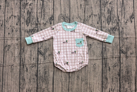 Embroidery Duck Pocket Baby Boys Long Sleeve Checked Hunting Rompers Preorder