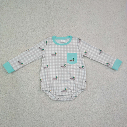 Sibling Baby Boys Embroidery Ducks Deer Pockets Hunting Checked Rompers