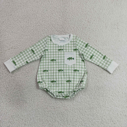 Baby Boys Long Sleeve Fishes Green Checked Pocket Hunting Rompers