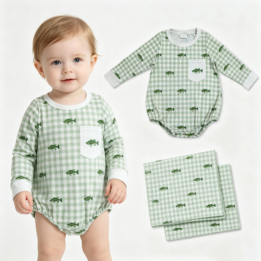 Baby Boys Long Sleeve Fishes Green Checked Pocket Hunting Rompers