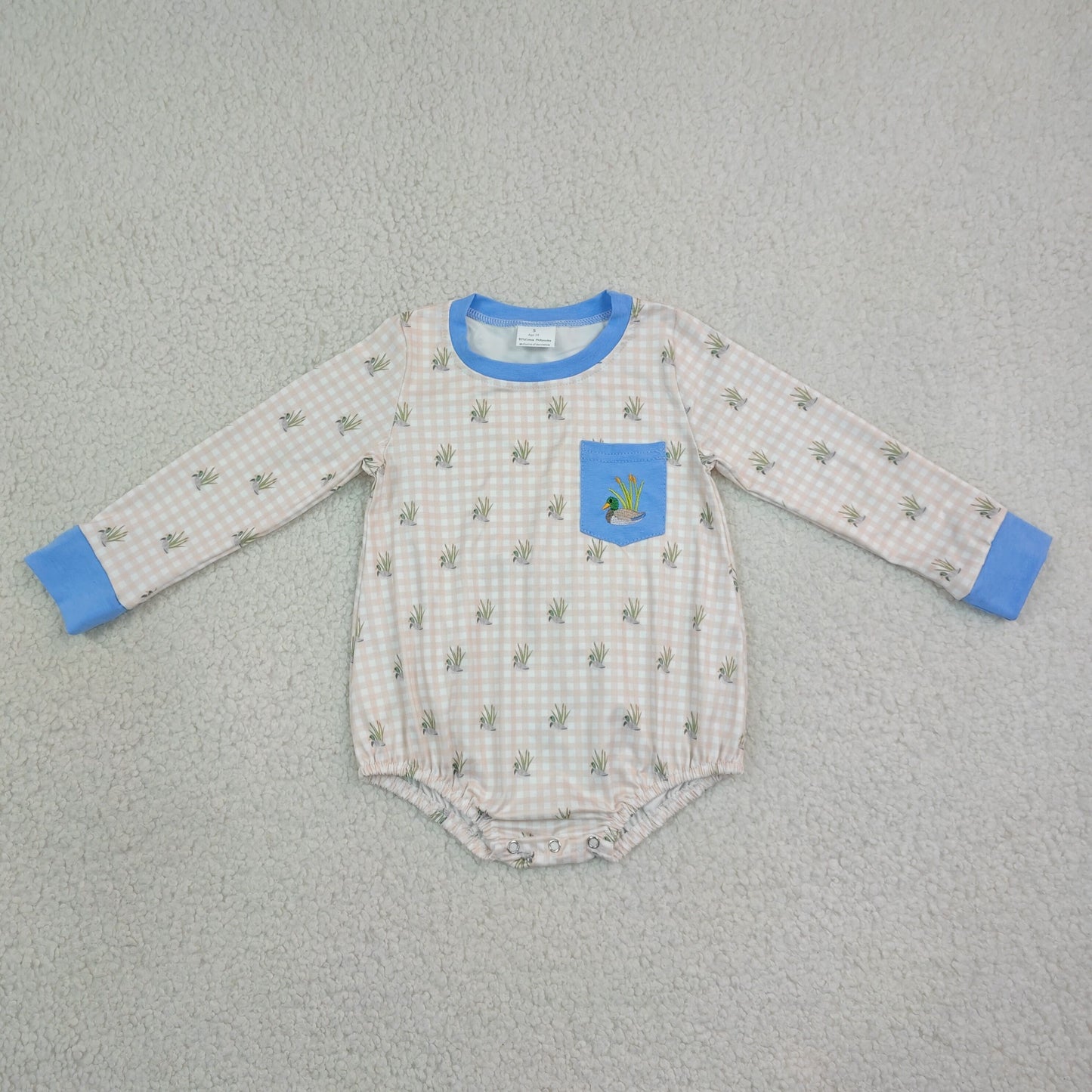 Embroidery Duck Pocket Baby Boys Long Sleeve Checked Hunting Rompers