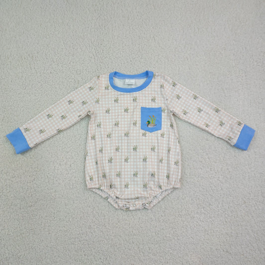 Embroidery Duck Pocket Baby Boys Long Sleeve Checked Hunting Rompers