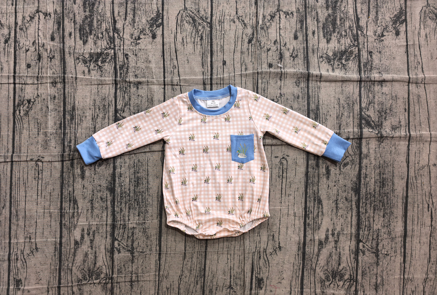 Embroidery Duck Pocket Baby Boys Long Sleeve Checked Hunting Rompers Preorder