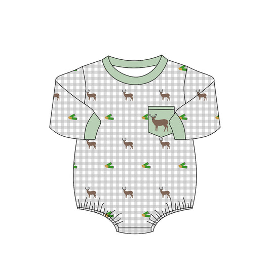Baby Boys Long Sleeve Grey Checked Deer Pocket Hunting Rompers Preorder