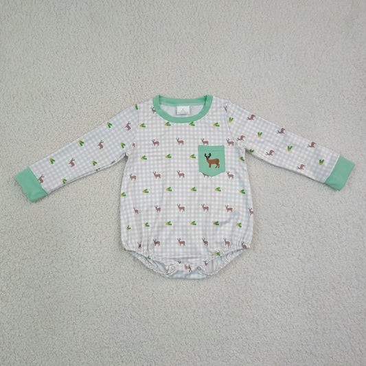 Embroidery Deer Pocket Baby Boys Long Sleeve Checked Hunting Rompers