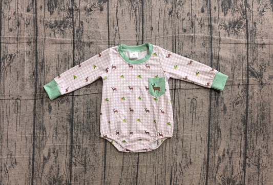 Embroidery Deer Pocket Baby Boys Long Sleeve Checked Hunting Rompers Preorder