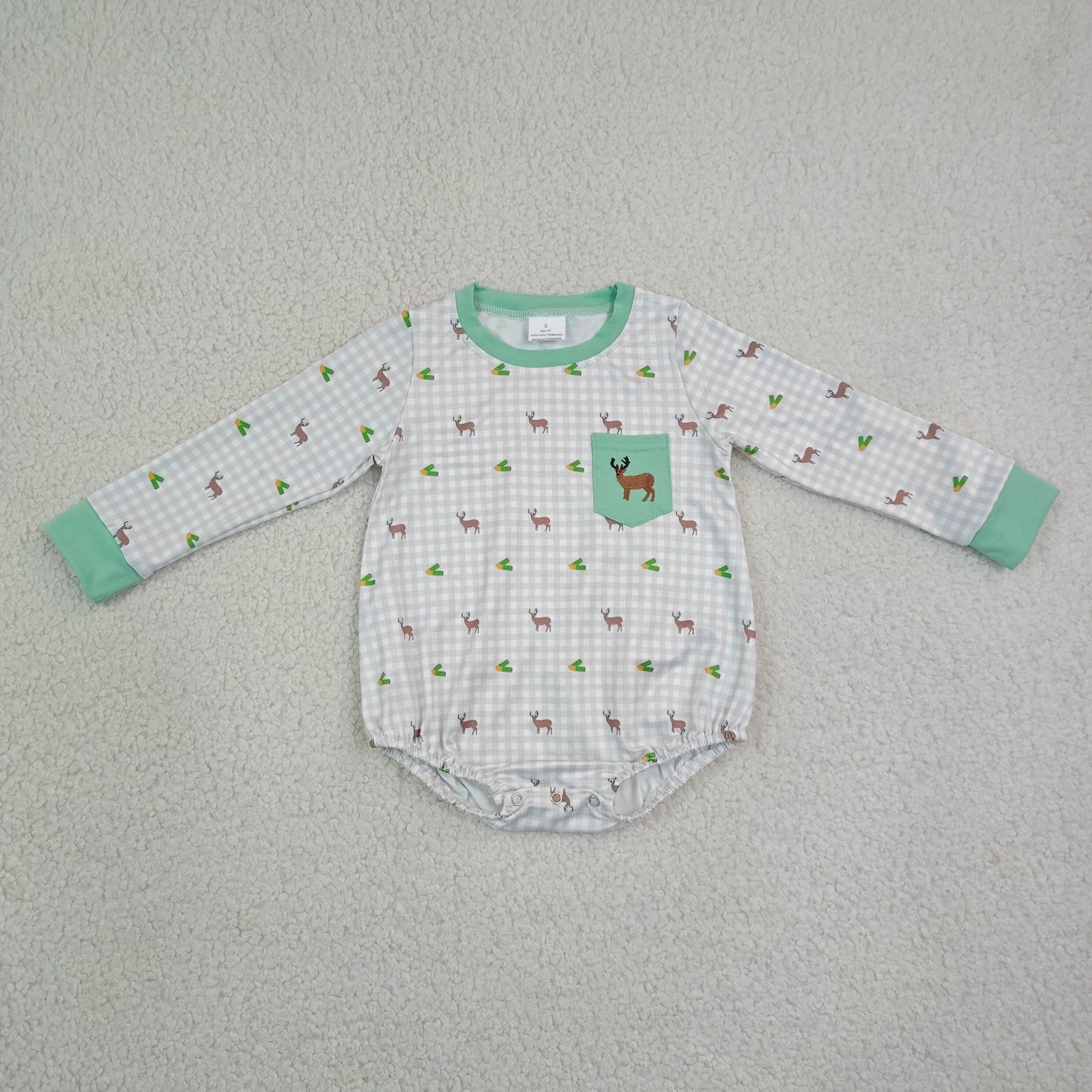 Sibling Baby Boys Embroidery Ducks Deer Pockets Hunting Checked Rompers