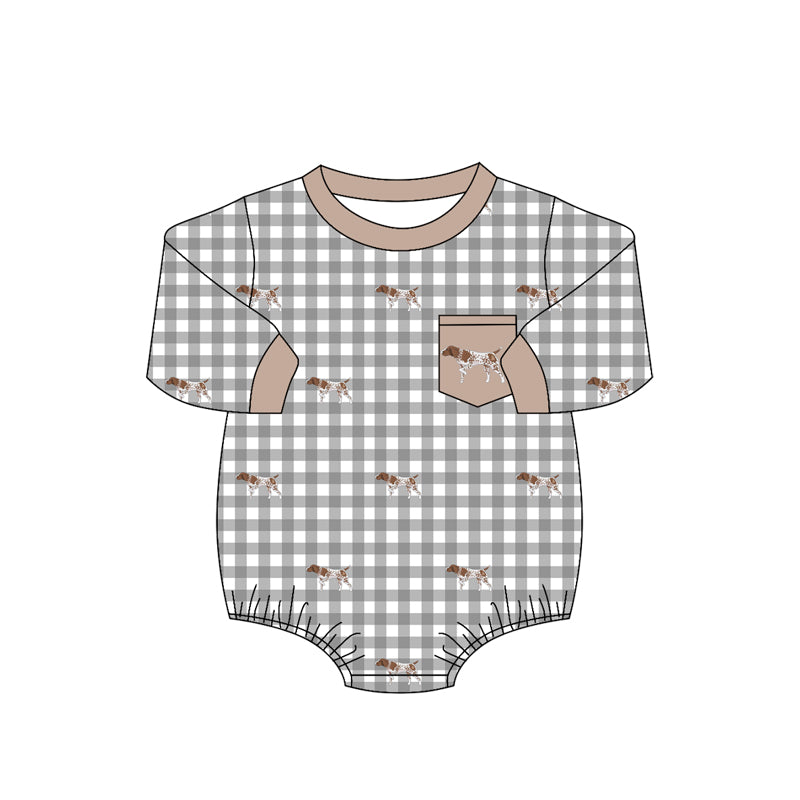 Baby Boys Long Sleeve Khaki Checked Dogs Pocket Hunting Rompers Preorder