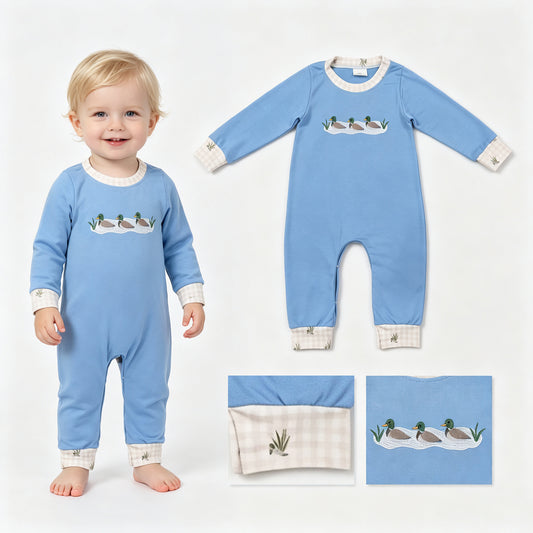 Embroidery Ducks Baby Boys Long Sleeve Hunting Pant Rompers