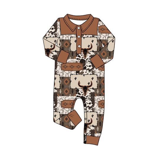 Baby Boys Long Sleeve Aztec Bull Skulls Western Button Rompers Preorder