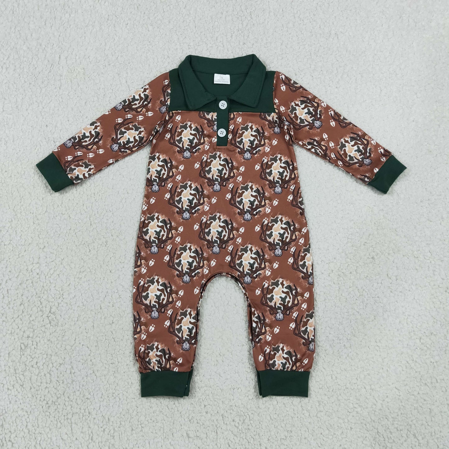 Baby Boys Long Sleeve Camo Deer Button Hunting Pant Rompers
