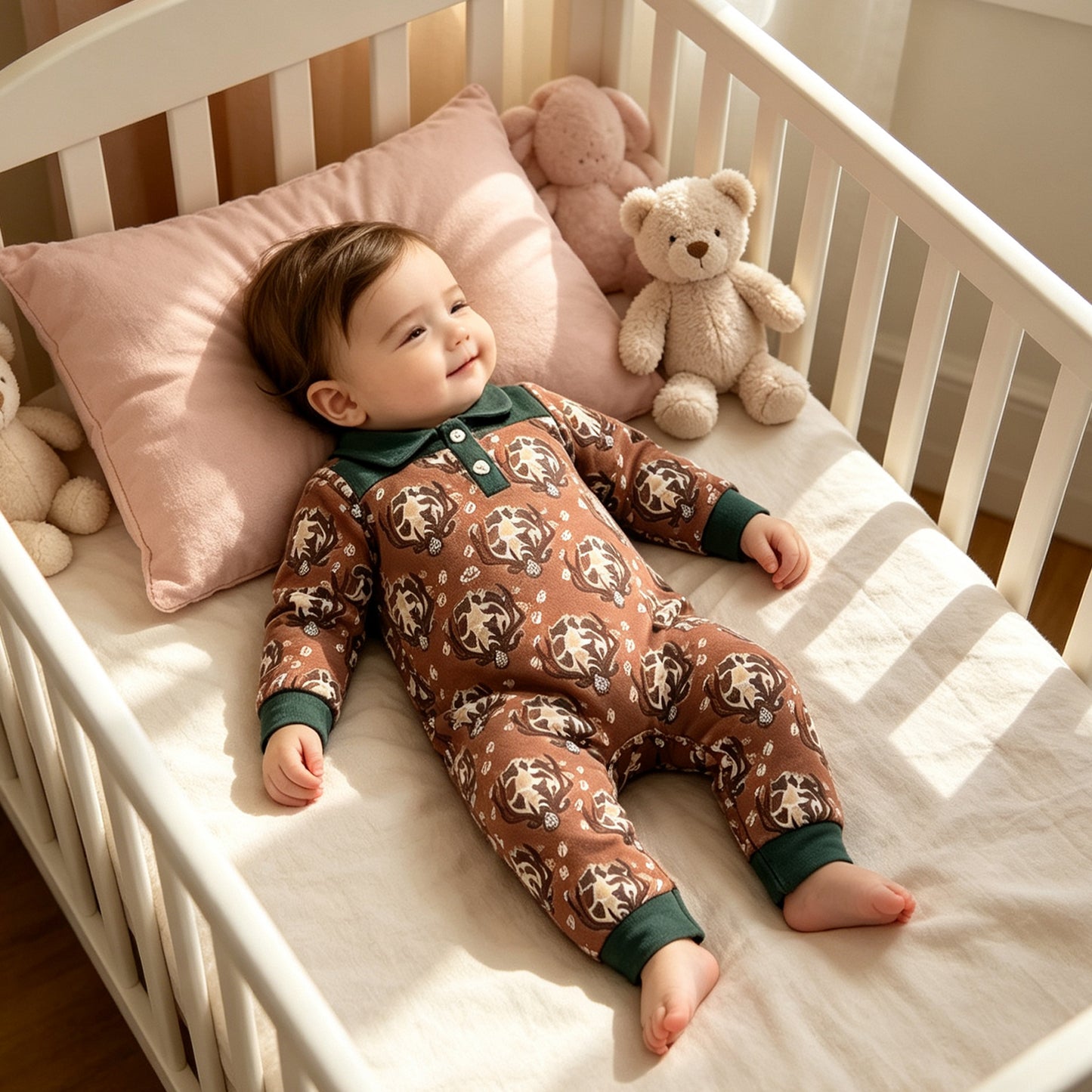 Baby Boys Long Sleeve Camo Deer Button Hunting Pant Rompers