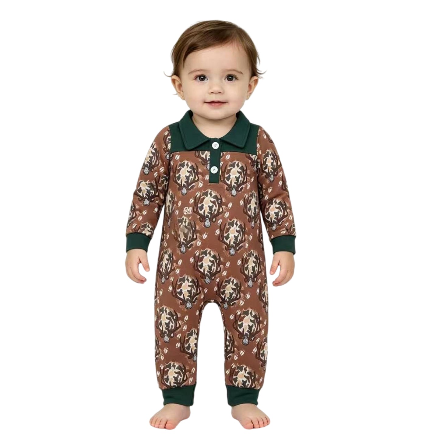 Baby Boys Long Sleeve Camo Deer Button Hunting Pant Rompers