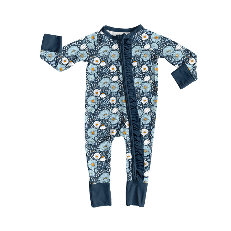 Baby Girls Long Sleeve Colorful Flowers Two Way Ruffle Zip Convertible Rompers Preorder