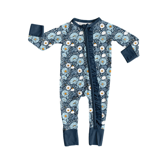 Baby Girls Long Sleeve Colorful Flowers Two Way Ruffle Zip Convertible Rompers Preorder