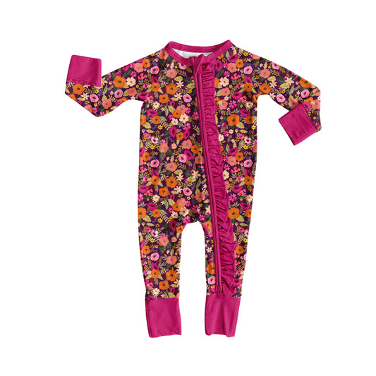 Baby Girls Long Sleeve Colorful Flowers Two Way Ruffle Zip Convertible Rompers Preorder