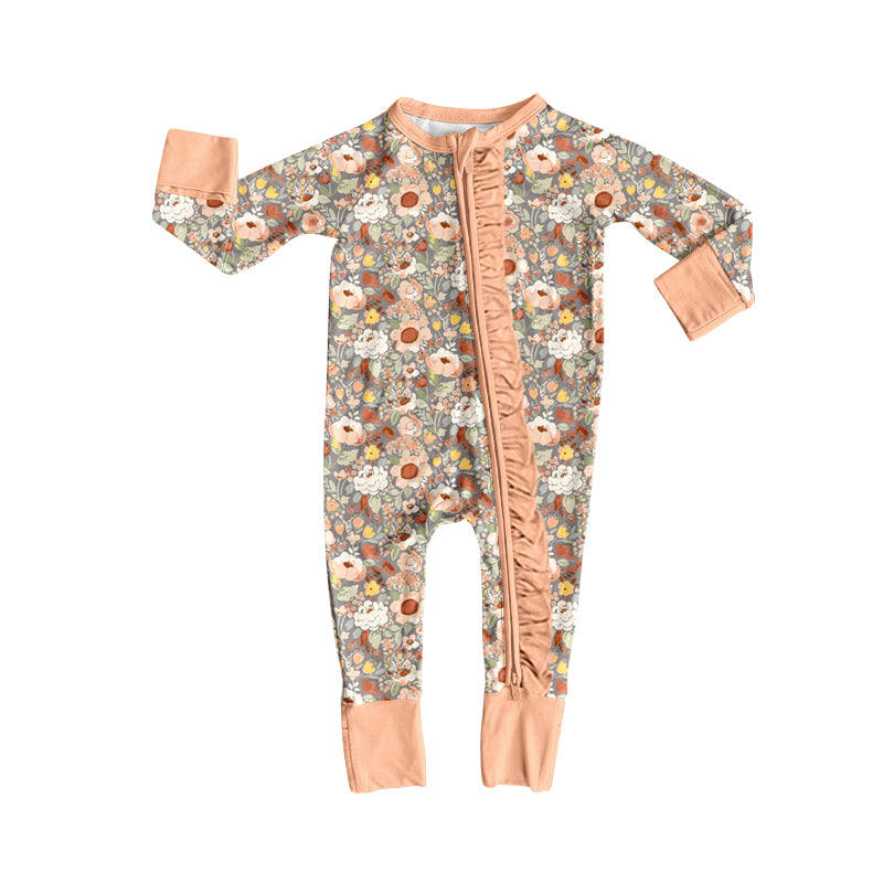 Baby Girls Long Sleeve Colorful Flowers Two Way Ruffle Zip Convertible Rompers Preorder