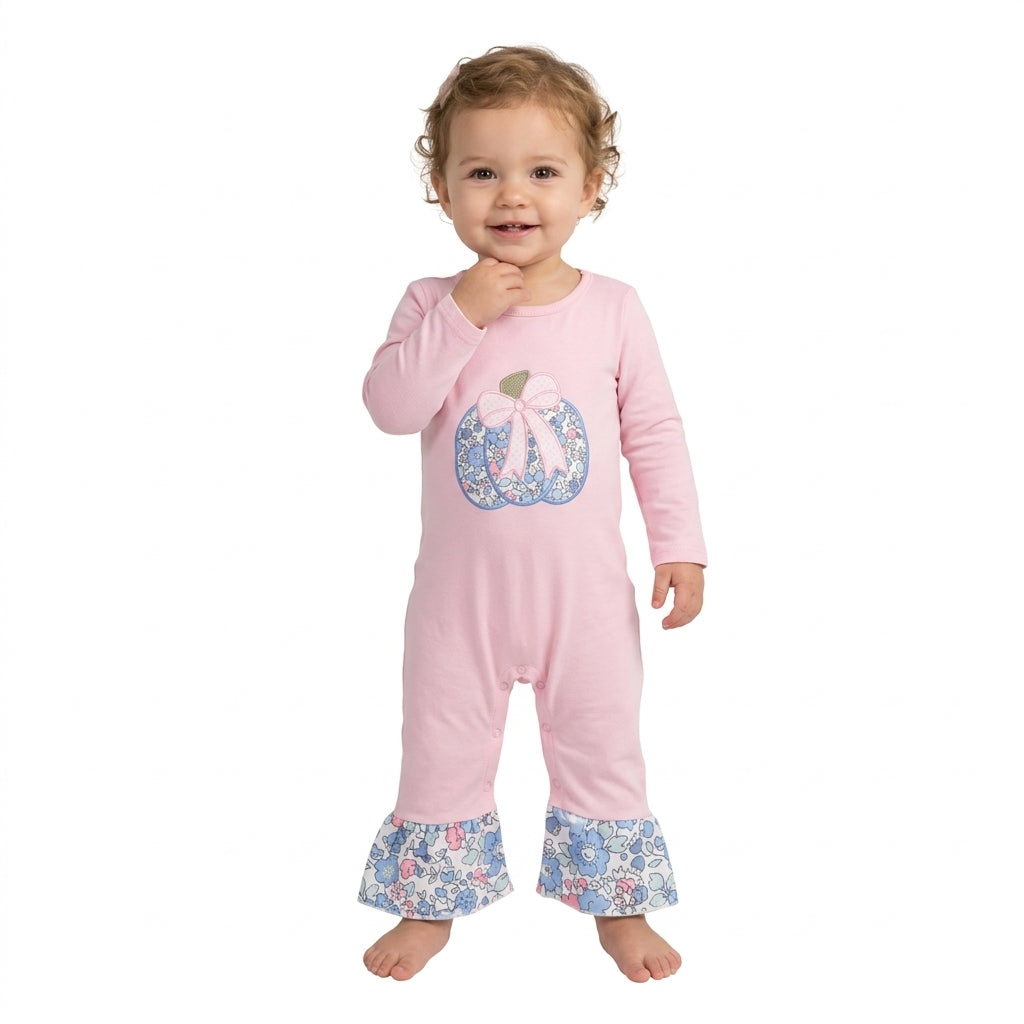 Embroidery Baby Girls Bow Flowers Pumpkin Fall Ruffle Pant Rompers