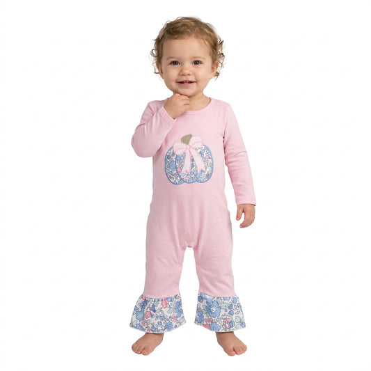 Embroidery Baby Girls Bow Flowers Pumpkin Fall Ruffle Pant Rompers