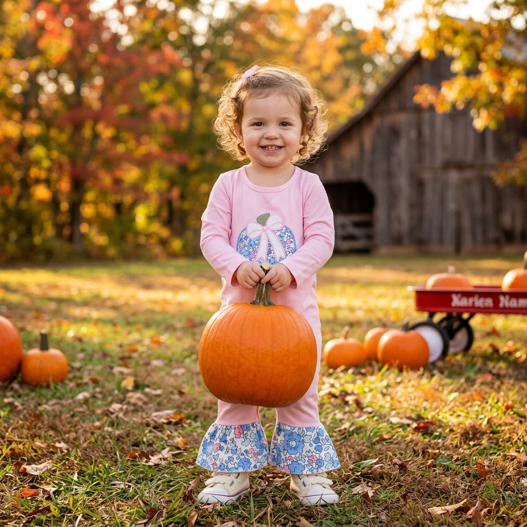 Embroidery Baby Girls Bow Flowers Pumpkin Fall Ruffle Pant Rompers