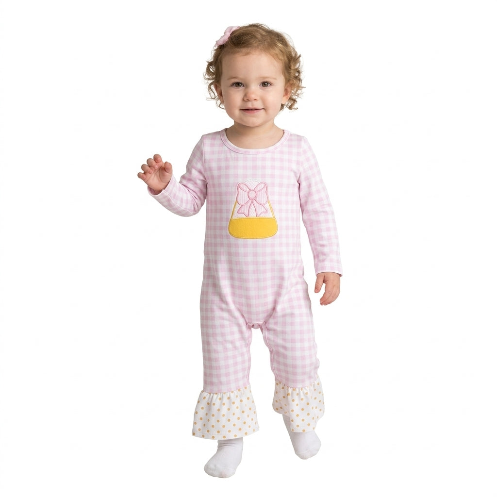 Embroidery Bows Candy Baby Girls Pink Checked Halloween Ruffle Pant Rompers