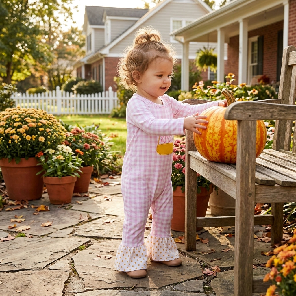 Embroidery Bows Candy Baby Girls Pink Checked Halloween Ruffle Pant Rompers