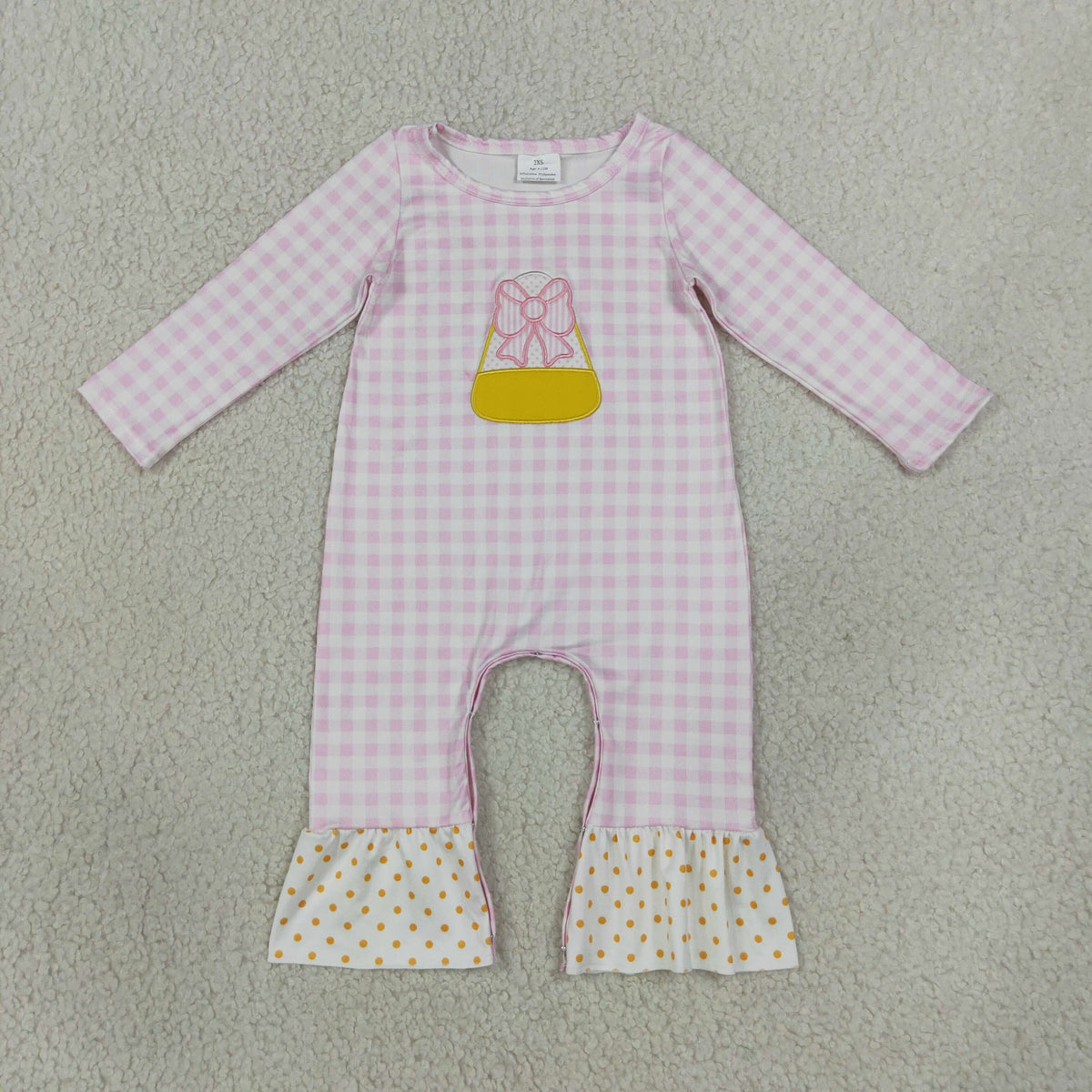 Embroidery Bows Candy Baby Girls Pink Checked Halloween Ruffle Pant Rompers