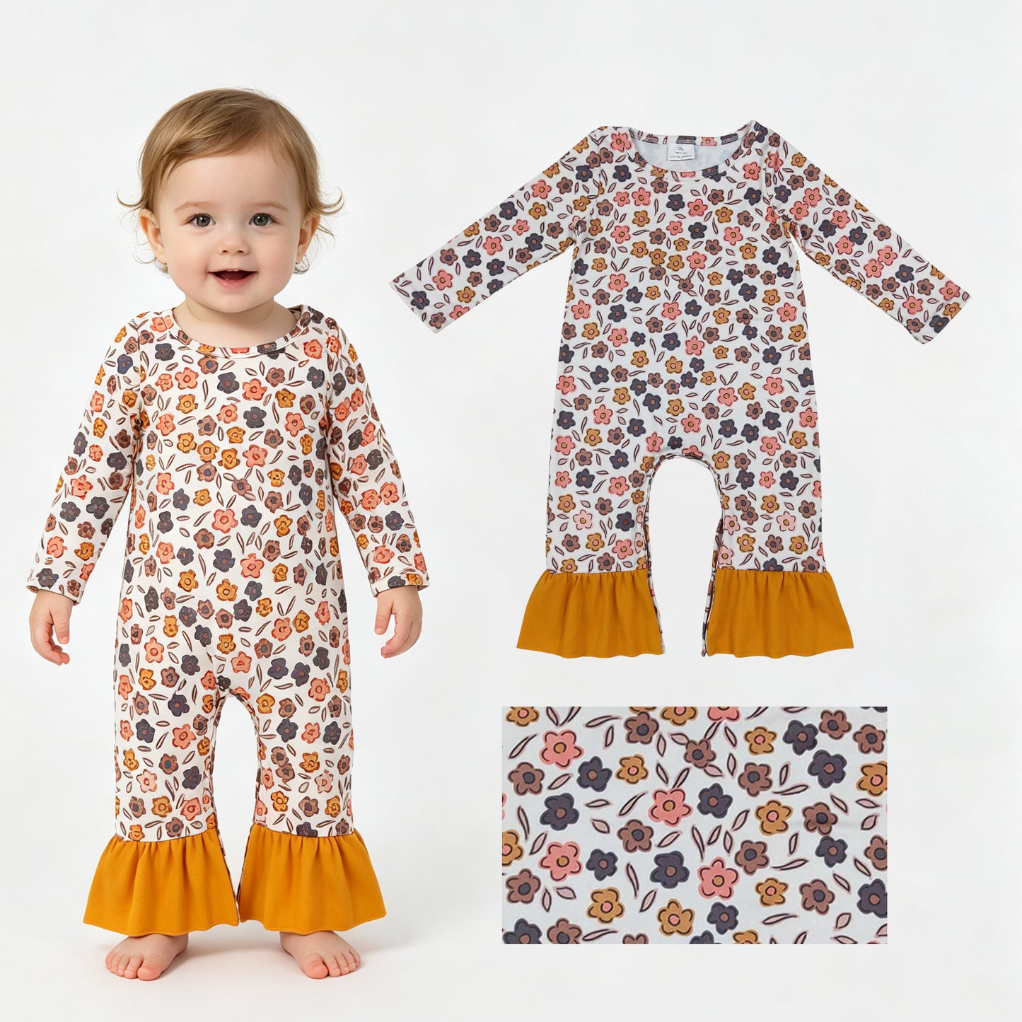 Baby Girls Long Sleeve Colorful Flowers Fall Ruffle Pant Rompers